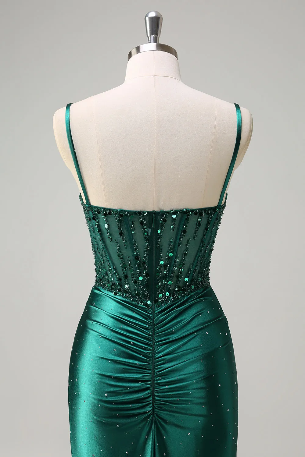 Sparkly Dark Green Mermaid Spaghetti Straps Corset Beaded Prom Dress with Slit sold by Zapaka product image thumbnail 5