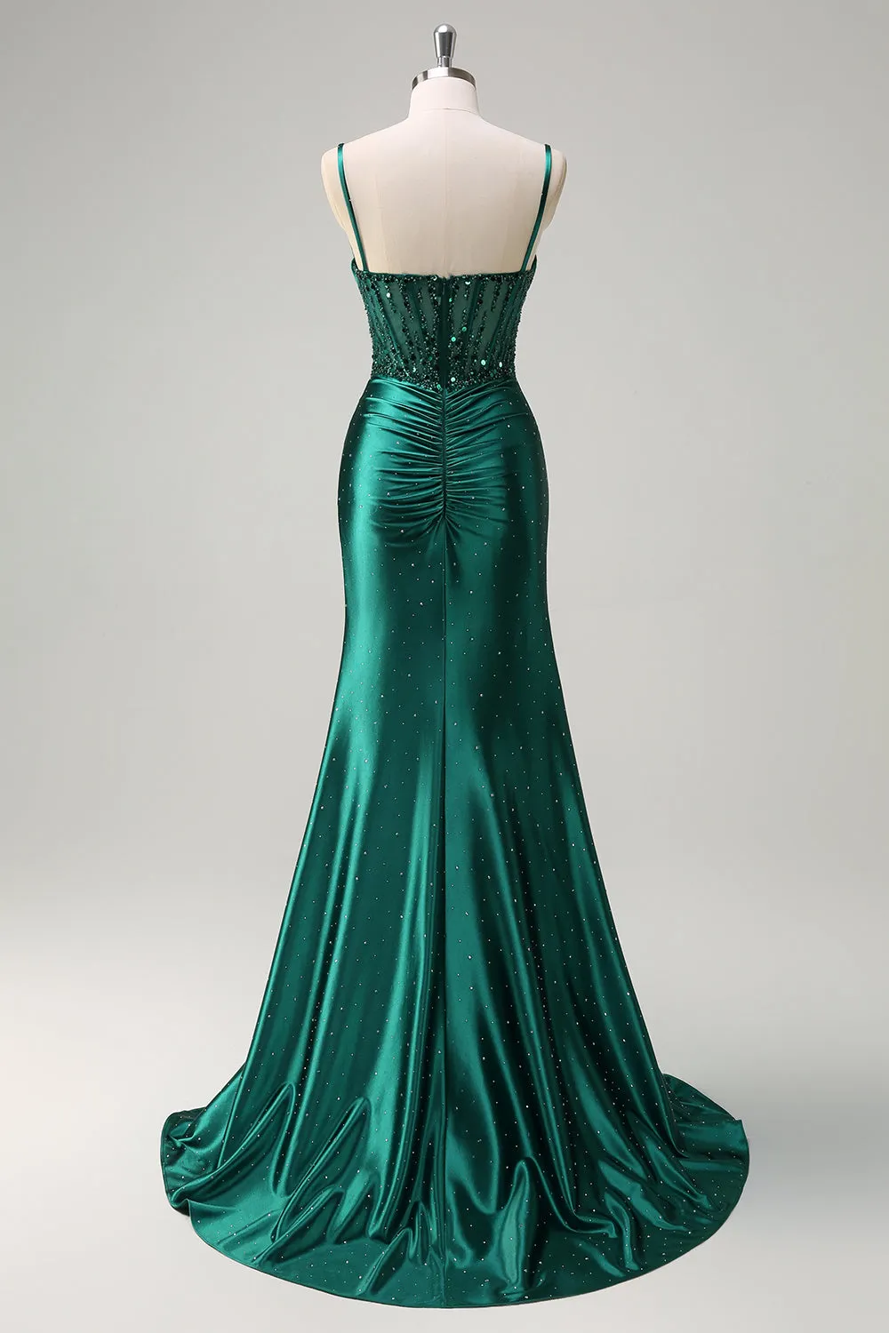 Sparkly Dark Green Mermaid Spaghetti Straps Corset Beaded Prom Dress with Slit sold by Zapaka product image thumbnail 2