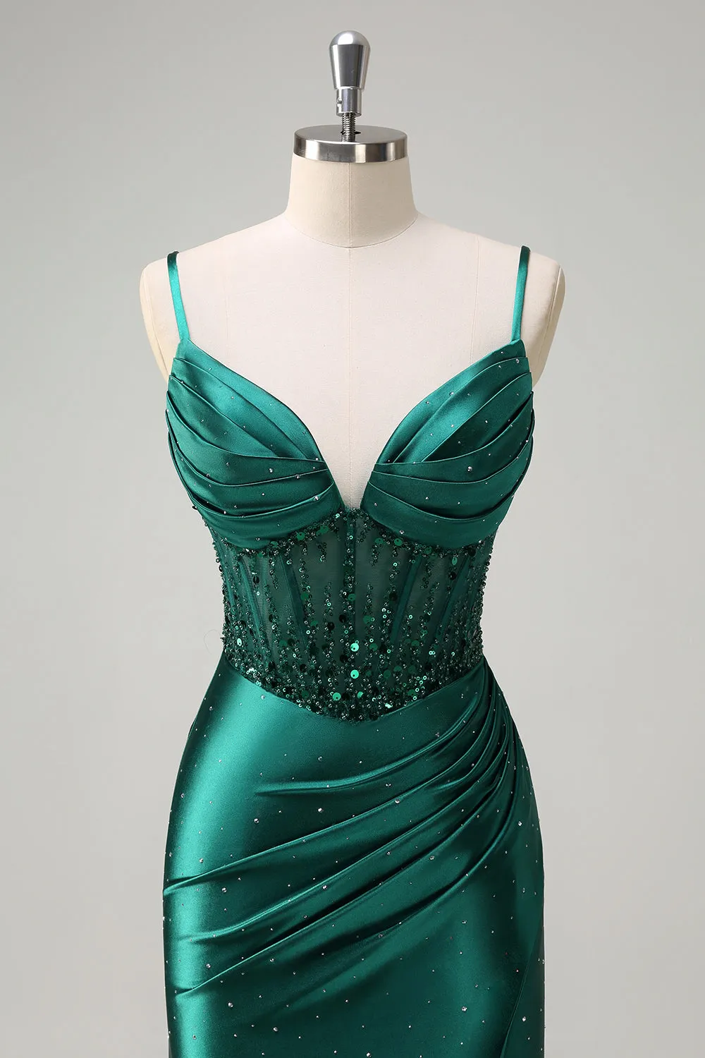 Sparkly Dark Green Mermaid Spaghetti Straps Corset Beaded Prom Dress with Slit sold by Zapaka product image thumbnail 4