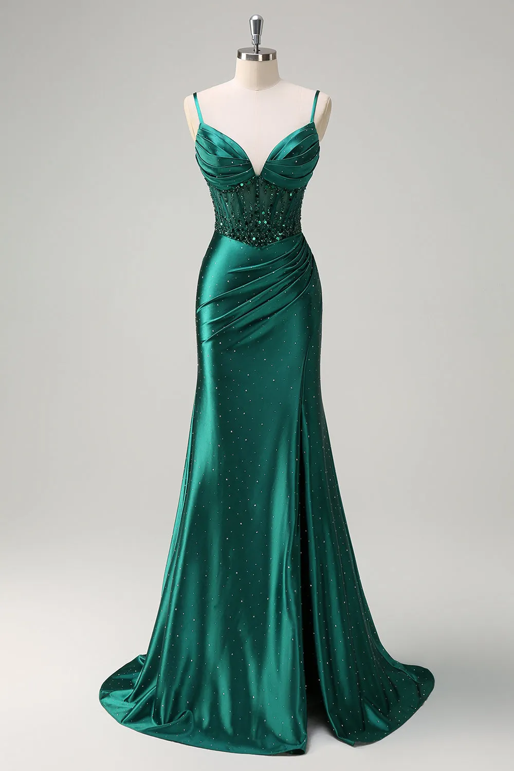 Sparkly Dark Green Mermaid Spaghetti Straps Corset Beaded Prom Dress with Slit sold by Zapaka