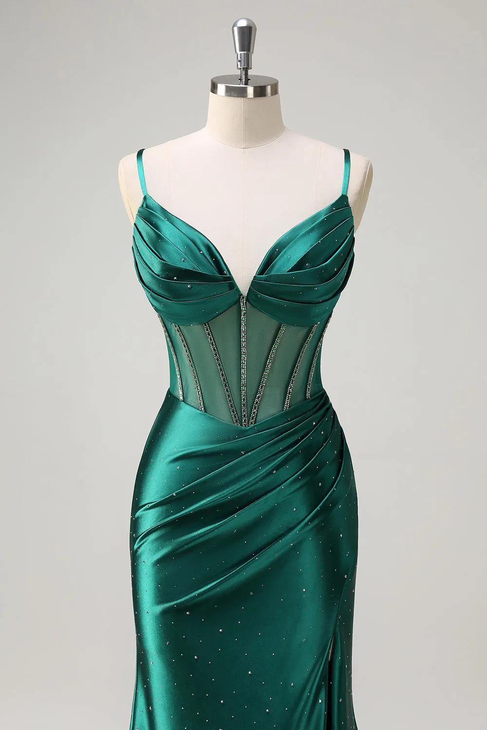 Sparkly Dark Green Mermaid Spaghetti Straps Corset Beaded Long Prom Dress with Slit sold by Zapaka product image thumbnail 4