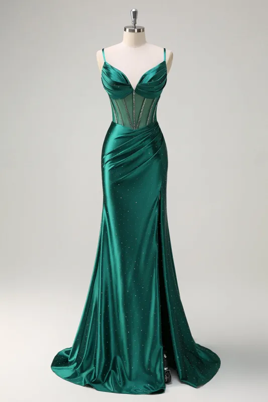 Sparkly Dark Green Mermaid Spaghetti Straps Corset Beaded Long Prom Dress with Slit sold by Zapaka