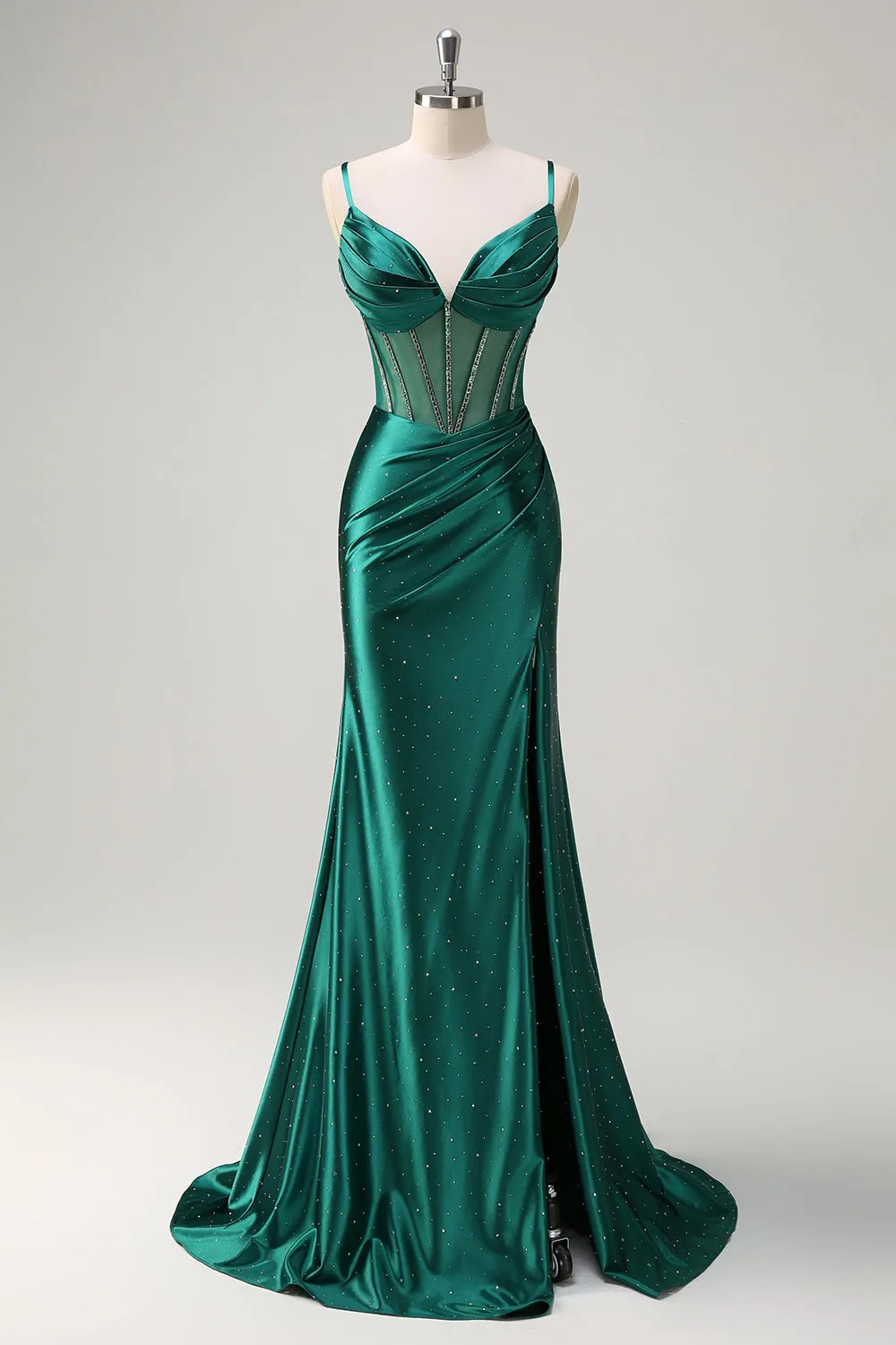 Sparkly Dark Green Mermaid Spaghetti Straps Corset Beaded Long Prom Dress with Slit sold by Zapaka