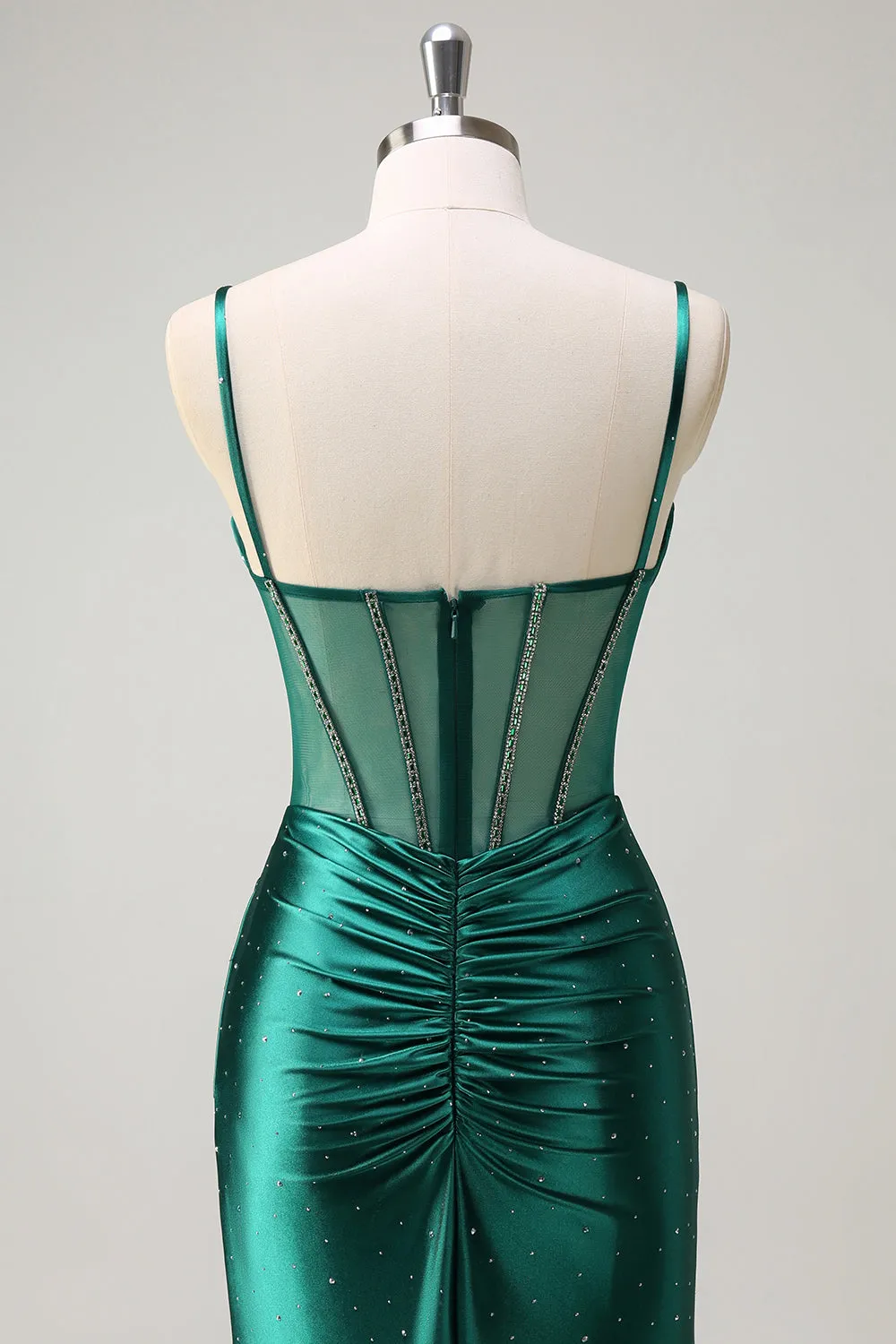 Sparkly Dark Green Mermaid Spaghetti Straps Corset Beaded Long Prom Dress with Slit sold by Zapaka product image thumbnail 5