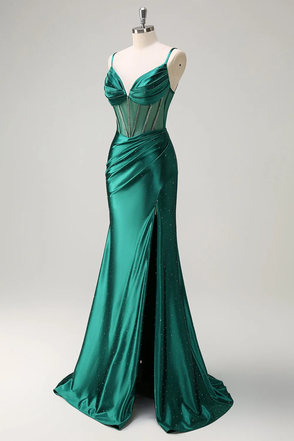 Sparkly Dark Green Mermaid Spaghetti Straps Corset Beaded Long Prom Dress with Slit sold by Zapaka product image thumbnail 3