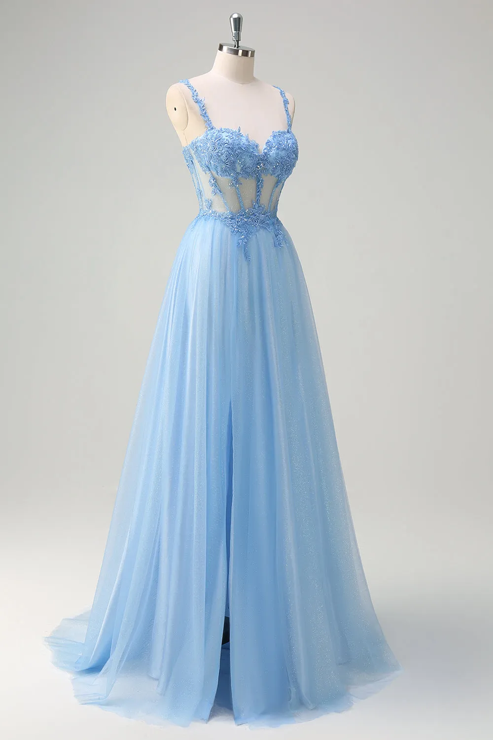 Sparkly Blue A-Line Sheer Corset Lace Up Back Long Prom Dress with Slit sold by Zapaka product image thumbnail 3