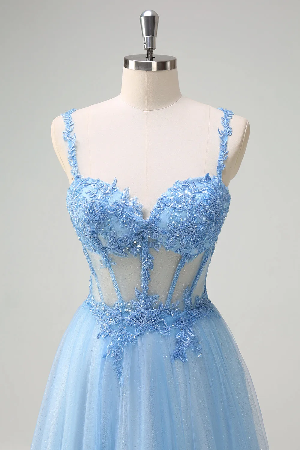 Sparkly Blue A-Line Sheer Corset Lace Up Back Long Prom Dress with Slit sold by Zapaka product image thumbnail 4