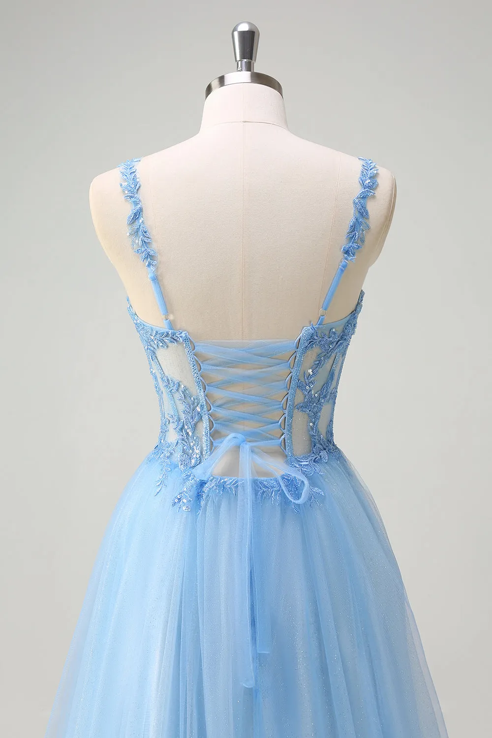 Sparkly Blue A-Line Sheer Corset Lace Up Back Long Prom Dress with Slit sold by Zapaka product image thumbnail 5