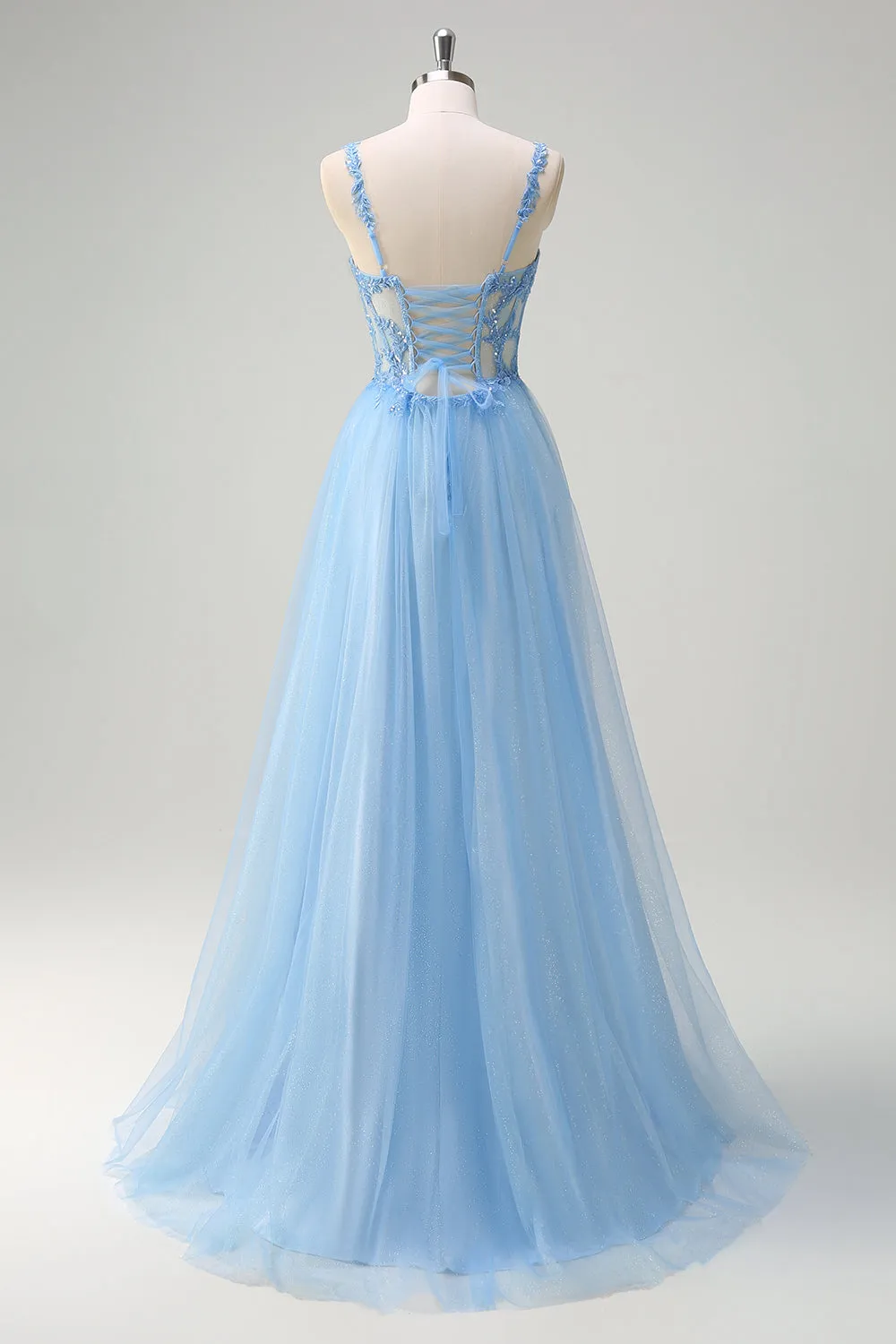 Sparkly Blue A-Line Sheer Corset Lace Up Back Long Prom Dress with Slit sold by Zapaka product image thumbnail 2