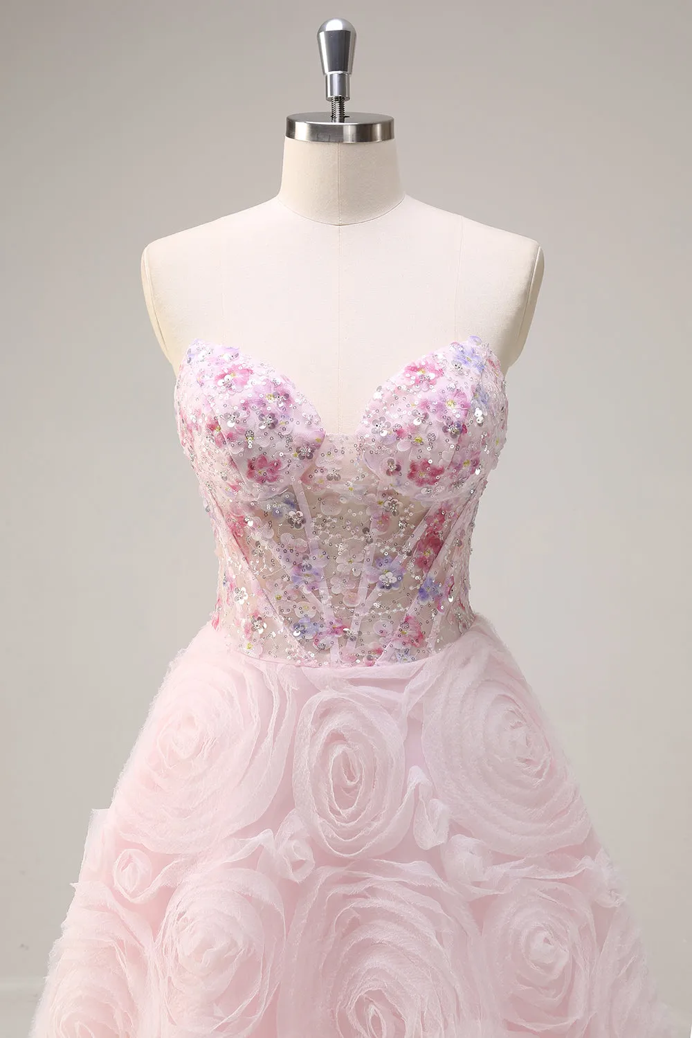 Sparkly Pink Princess Strapless Floral Corset Long Prom Dress With Sequins sold by Zapaka product image thumbnail 4