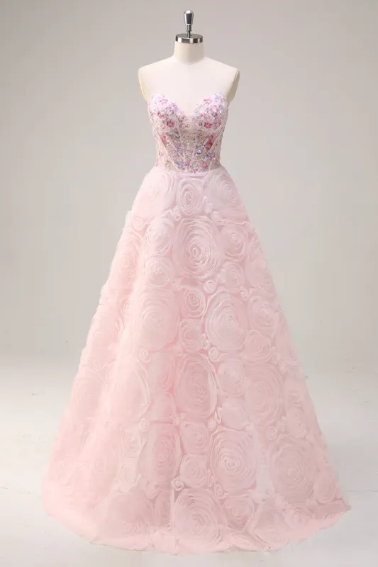Sparkly Pink Princess Strapless Floral Corset Long Prom Dress With Sequins sold by Zapaka