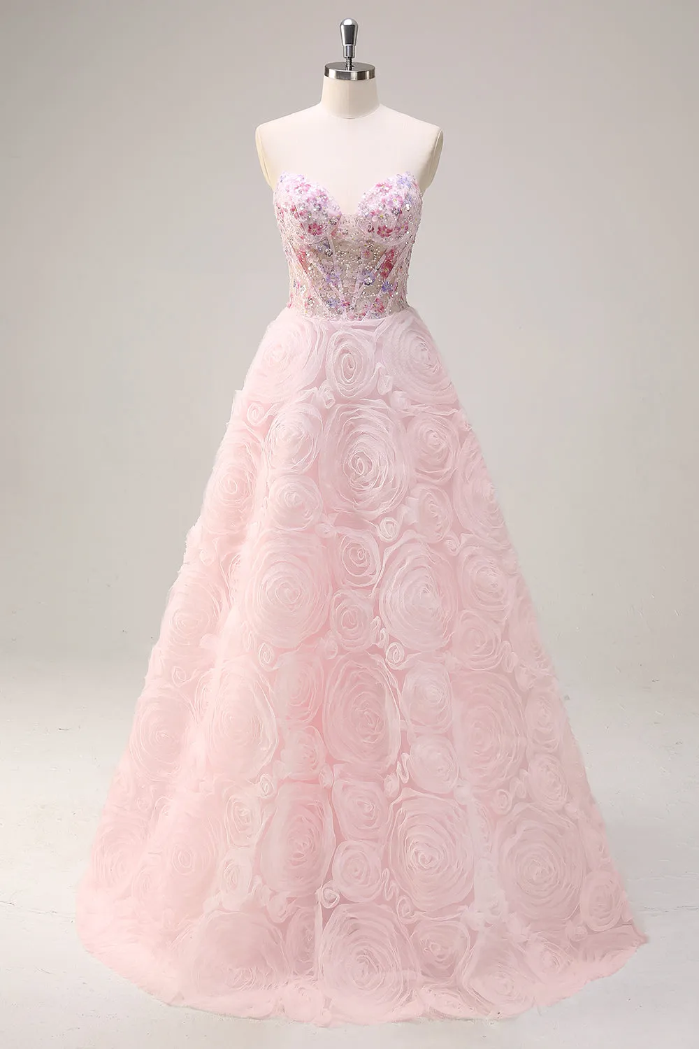 Sparkly Pink Princess Strapless Floral Corset Long Prom Dress With Sequins sold by Zapaka