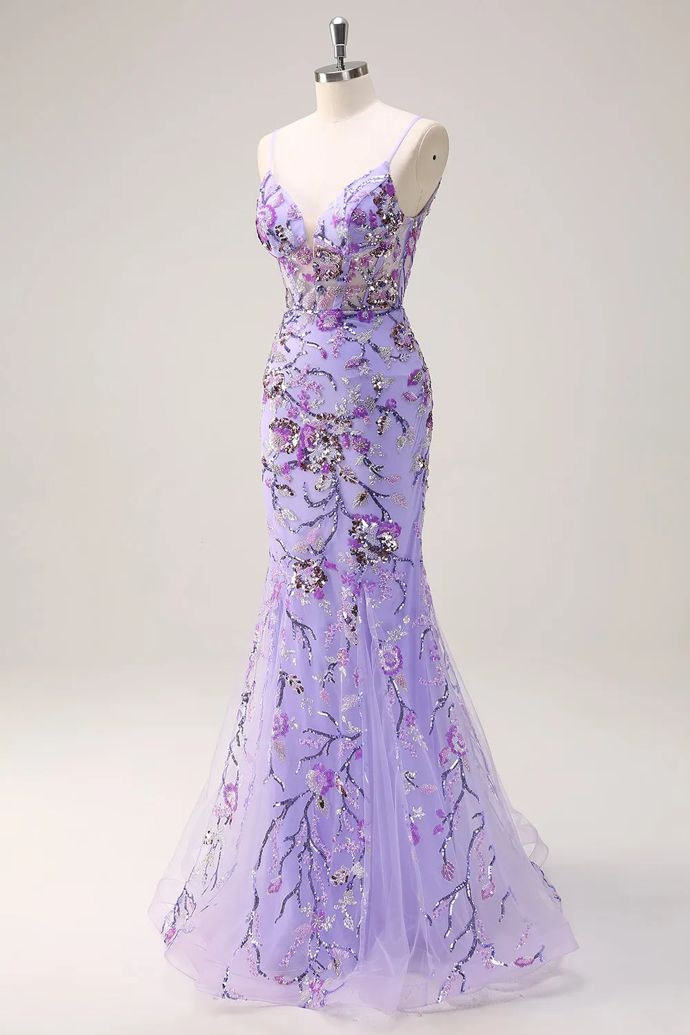 Sparkly Purple Mermaid Spaghetti Straps Corset Long Sequin Prom Dress sold by Zapaka product image thumbnail 3