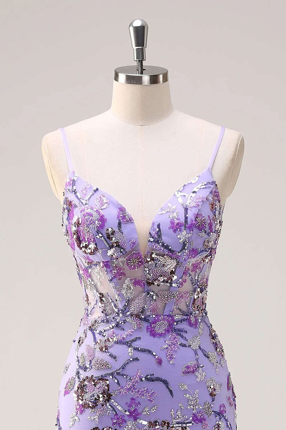 Sparkly Purple Mermaid Spaghetti Straps Corset Long Sequin Prom Dress sold by Zapaka product image thumbnail 4