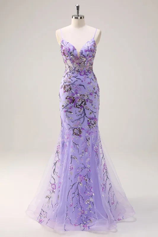 Sparkly Purple Mermaid Spaghetti Straps Corset Long Sequin Prom Dress sold by Zapaka