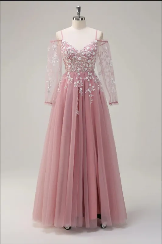 Blush A-Line Cold Shoulder Corset Appliqued Long Prom Dress with Slit sold by Zapaka