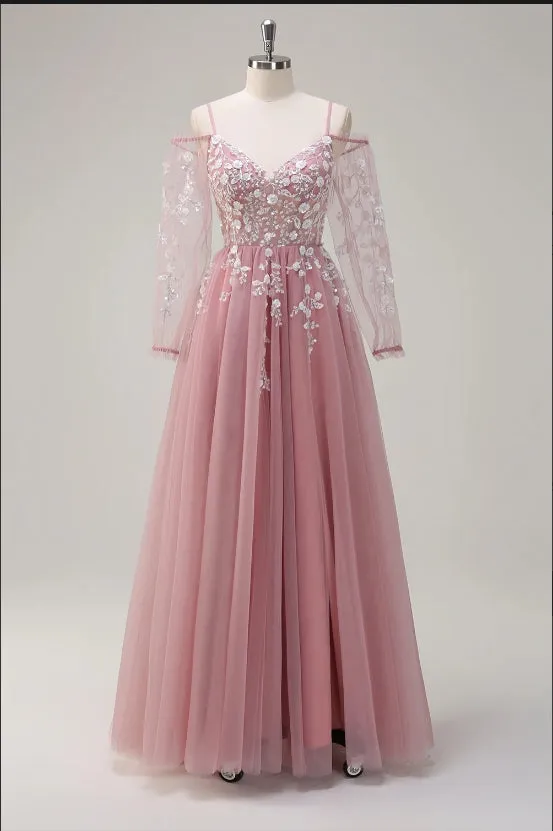 Blush A-Line Cold Shoulder Corset Appliqued Long Prom Dress with Slit sold by Zapaka