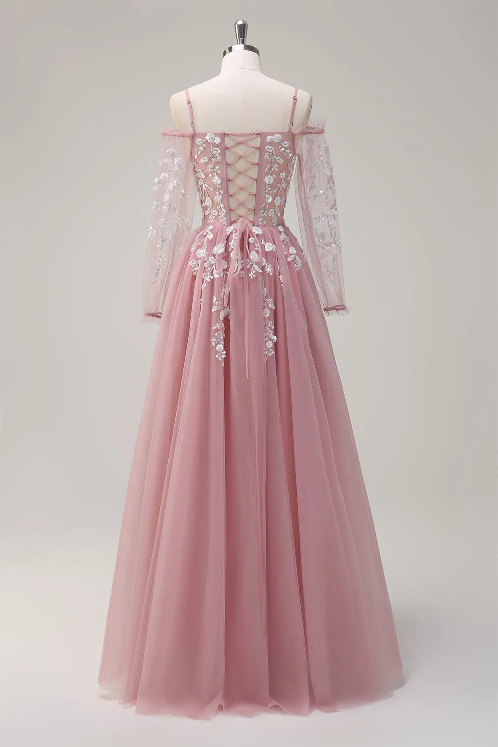 Blush A-Line Cold Shoulder Corset Appliqued Long Prom Dress with Slit sold by Zapaka product image thumbnail 2