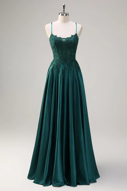 Dark Green A-Line Spaghetti Straps Satin Beaded Long Prom Dress with Appliques sold by Zapaka