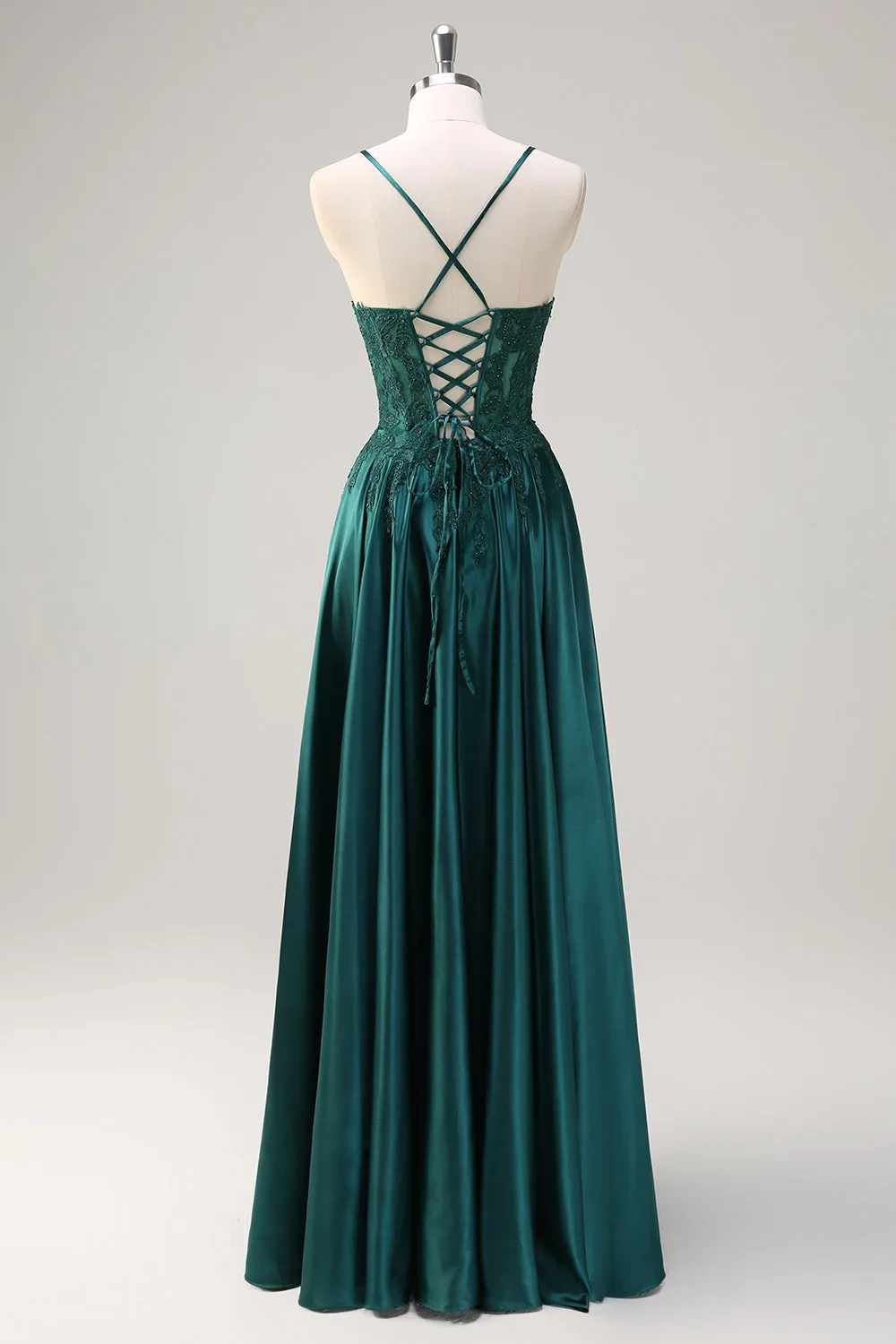 Dark Green A-Line Spaghetti Straps Satin Beaded Long Prom Dress with Appliques sold by Zapaka product image thumbnail 2
