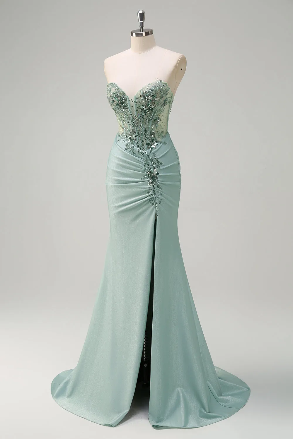 Sparkly Grey Green Mermaid Strapless Sequin Corset Ruched Long Prom Dress with Slit sold by Zapaka product image thumbnail 3