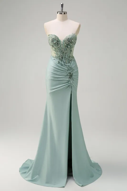 Sparkly Grey Green Mermaid Strapless Sequin Corset Ruched Long Prom Dress with Slit sold by Zapaka