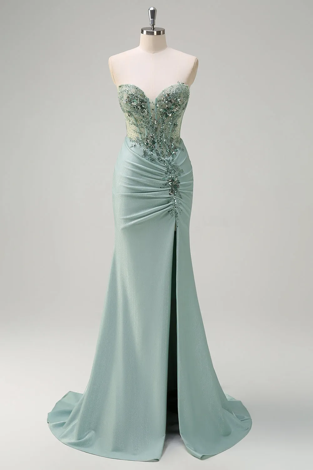 Sparkly Grey Green Mermaid Strapless Sequin Corset Ruched Long Prom Dress with Slit sold by Zapaka