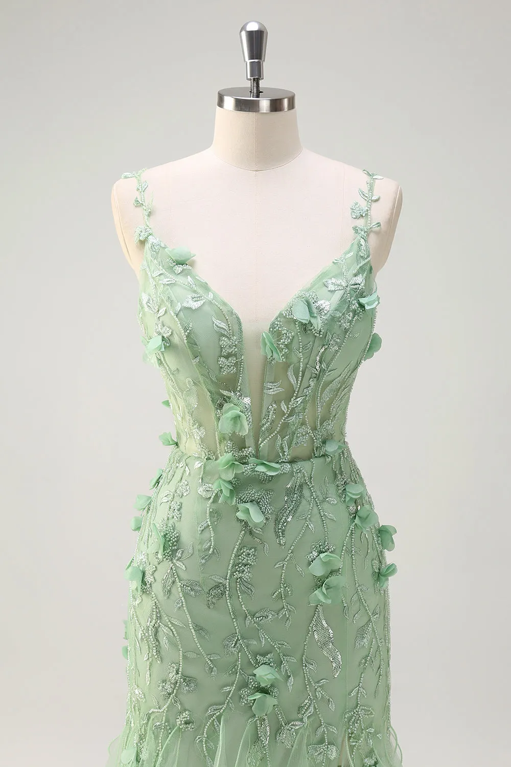 Green Mermaid Spaghetti Straps 3D Flowers Long Prom Dress with Slit sold by Zapaka product image thumbnail 4