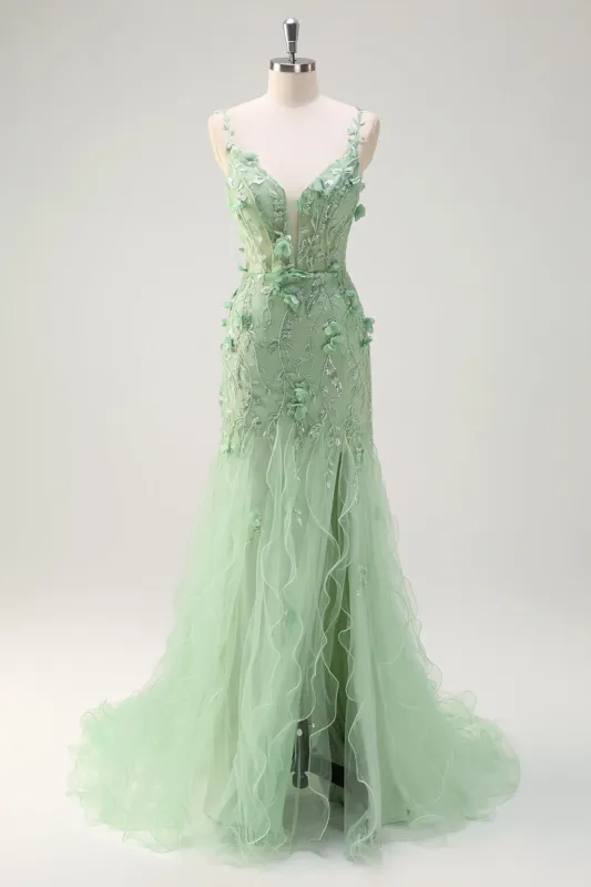 Green Mermaid Spaghetti Straps 3D Flowers Long Prom Dress with Slit sold by Zapaka
