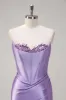 Sparkly Lilac Mermaid Strapless Corset Sequin Satin Long Prom Dress with Slit sold by Zapaka