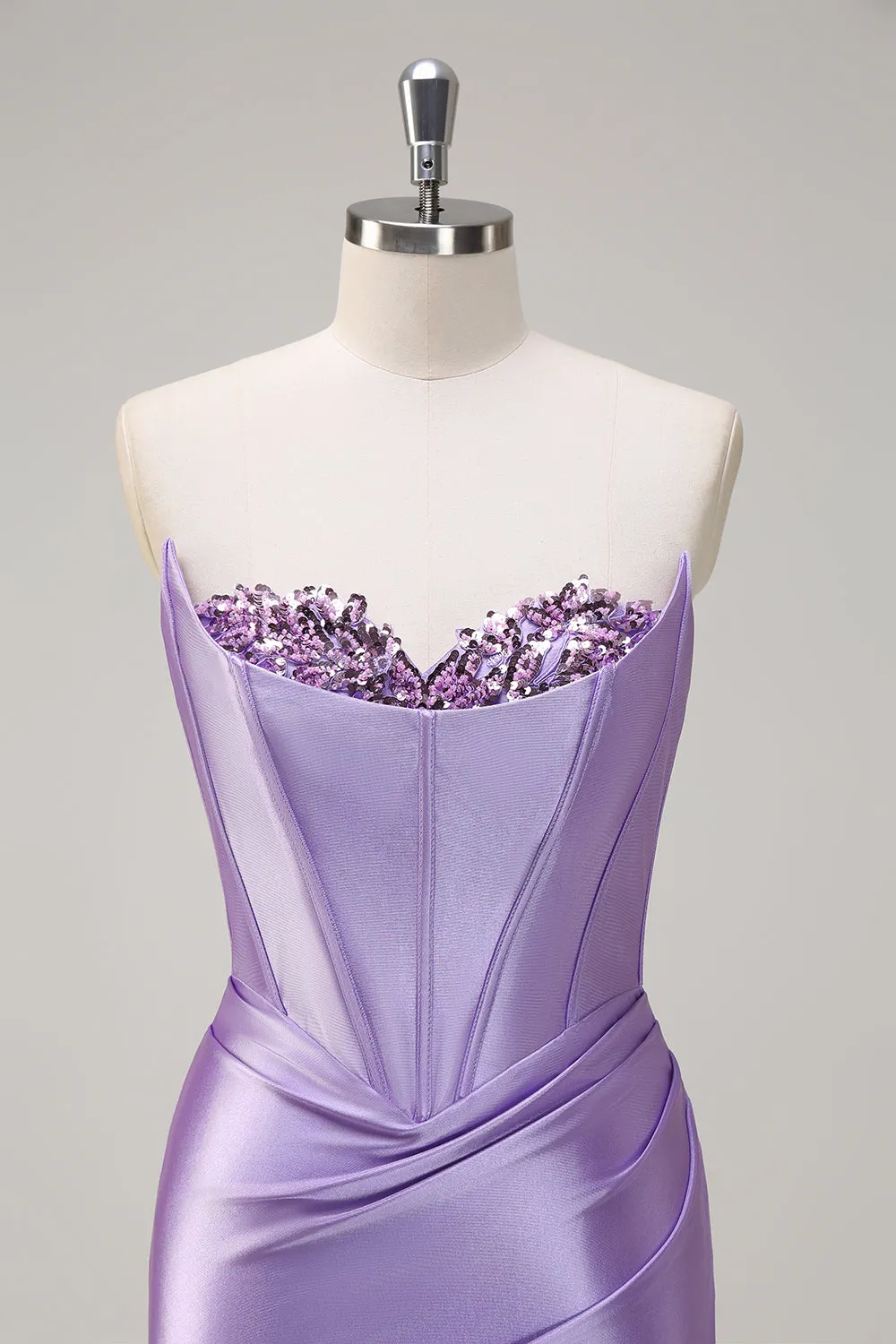 Sparkly Lilac Mermaid Strapless Corset Sequin Satin Long Prom Dress with Slit sold by Zapaka product image thumbnail 4