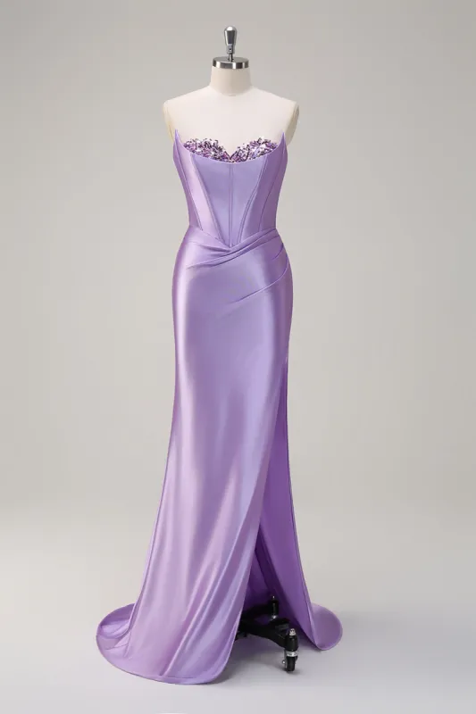 Sparkly Lilac Mermaid Strapless Corset Sequin Satin Long Prom Dress with Slit sold by Zapaka