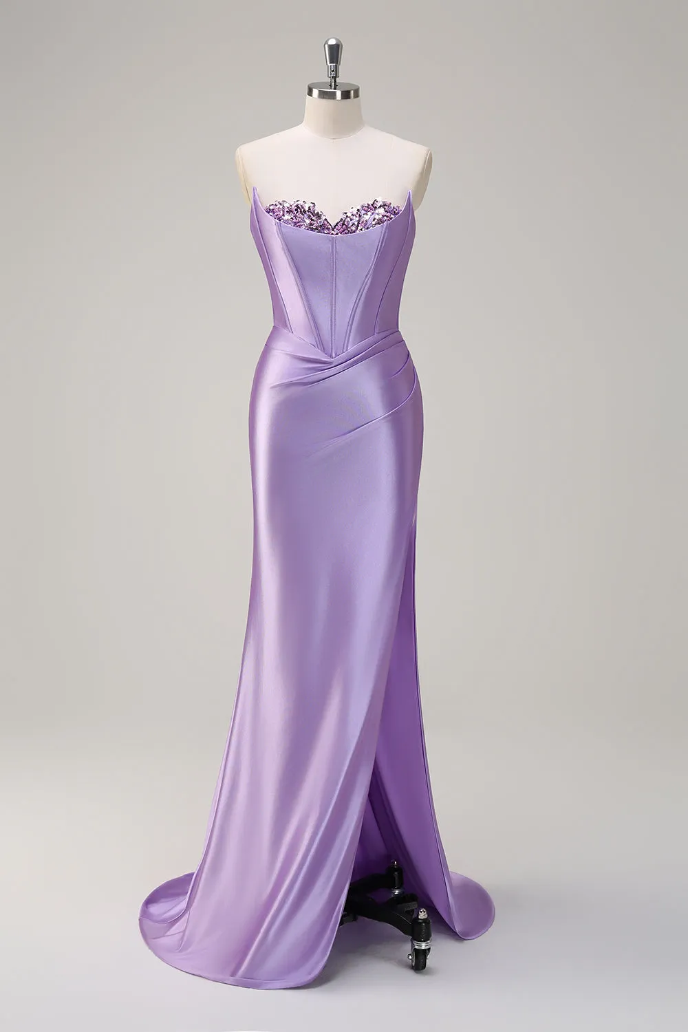 Sparkly Lilac Mermaid Strapless Corset Sequin Satin Long Prom Dress with Slit sold by Zapaka