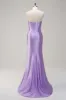 Sparkly Lilac Mermaid Strapless Corset Sequin Satin Long Prom Dress with Slit sold by Zapaka