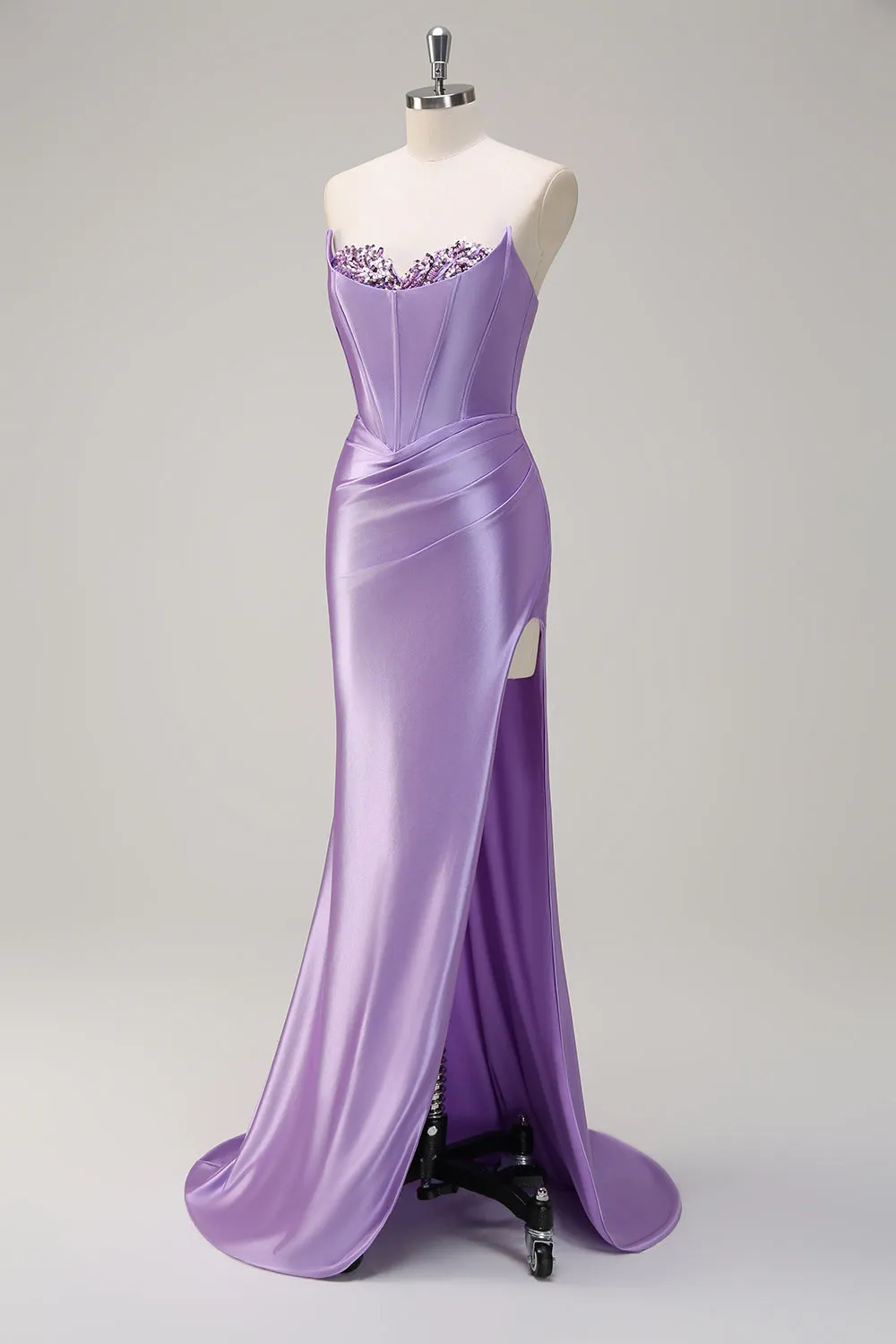 Sparkly Lilac Mermaid Strapless Corset Sequin Satin Long Prom Dress with Slit sold by Zapaka product image thumbnail 3