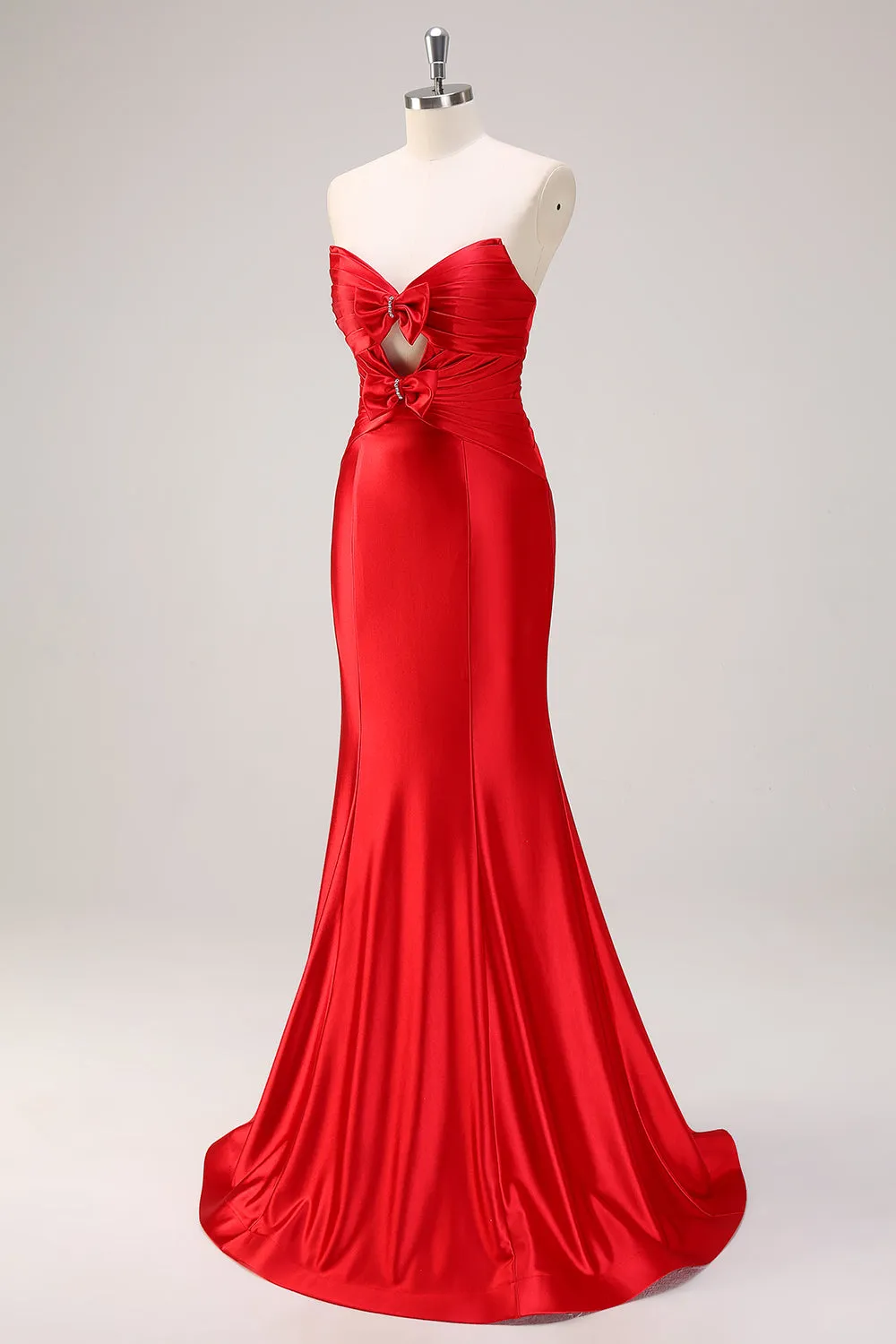 Red Mermaid Strapless Cut Out Ruched Long Prom Dress with Bows sold by Zapaka product image thumbnail 3
