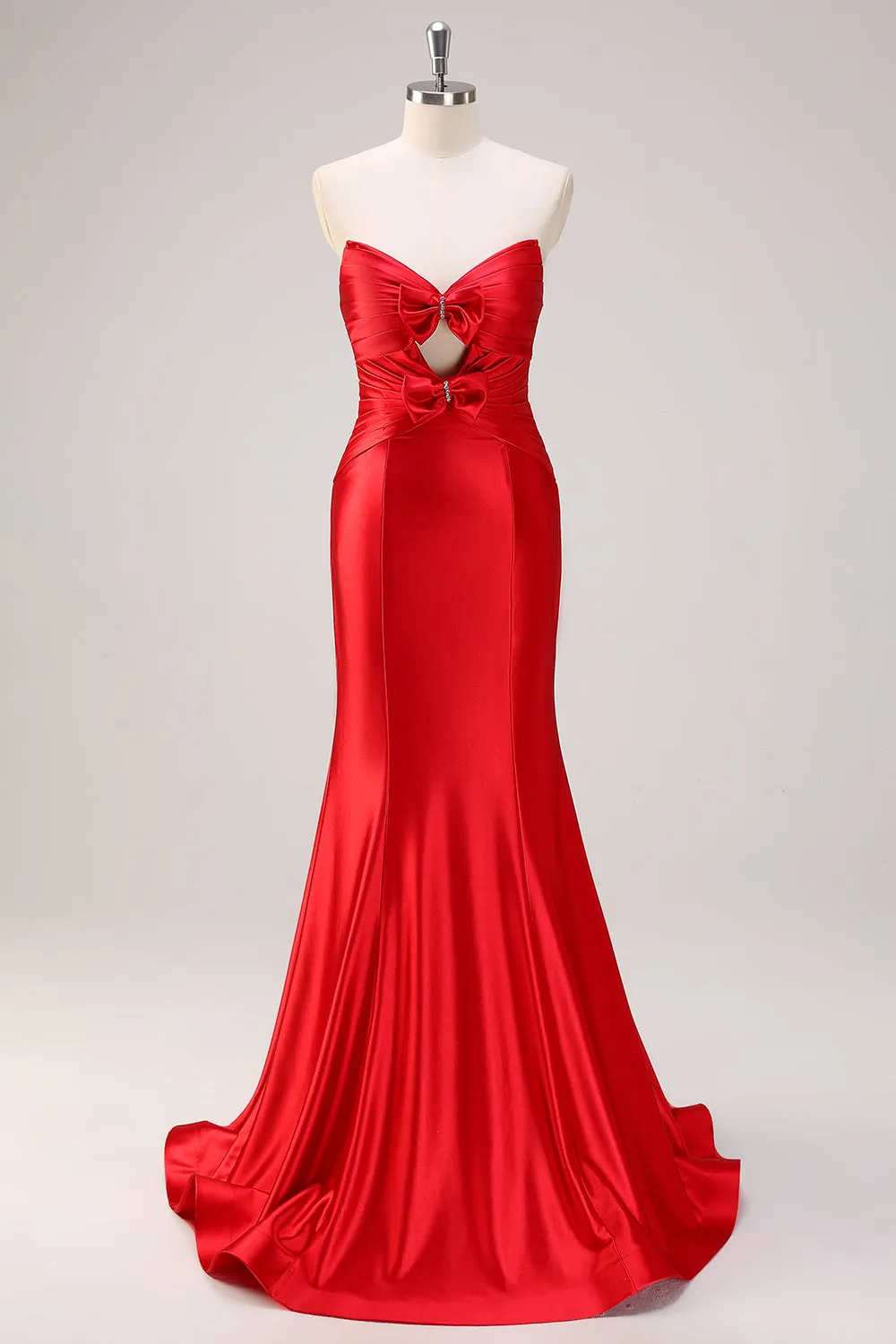Red Mermaid Strapless Cut Out Ruched Long Prom Dress with Bows sold by Zapaka