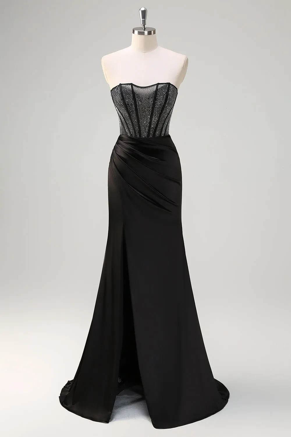 Black Mermaid Strapless Ruched Satin Corset Long Prom Dress with Beading sold by Zapaka