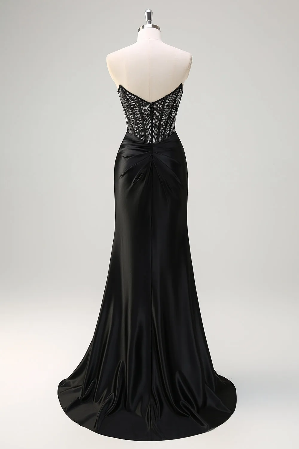 Black Mermaid Strapless Ruched Satin Corset Long Prom Dress with Beading sold by Zapaka product image thumbnail 2