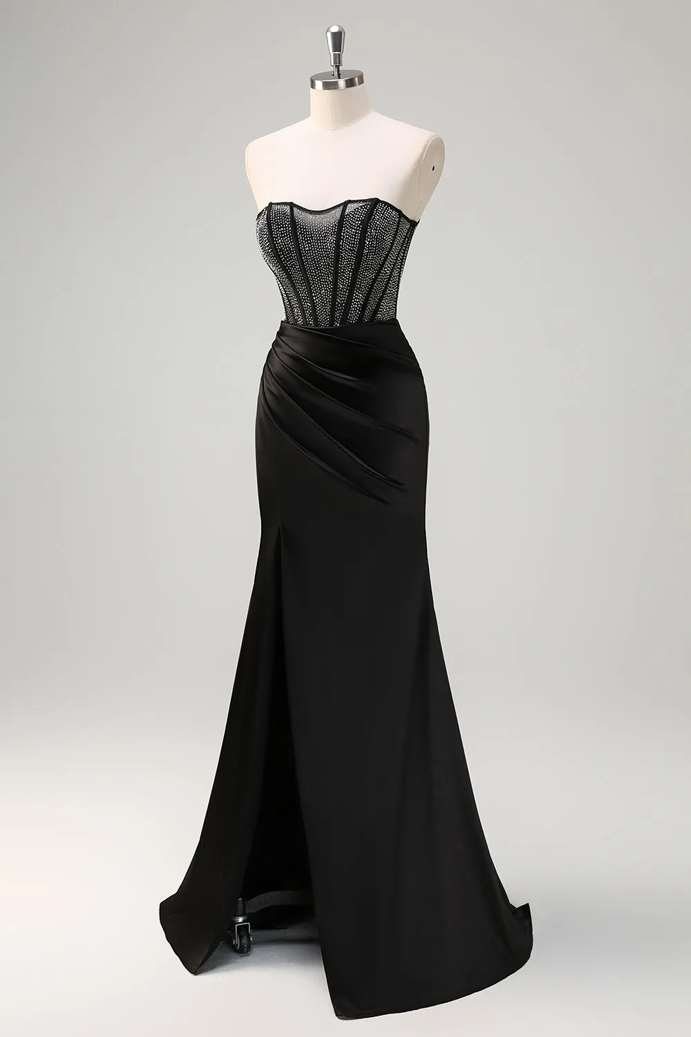 Black Mermaid Strapless Ruched Satin Corset Long Prom Dress with Beading sold by Zapaka product image thumbnail 3