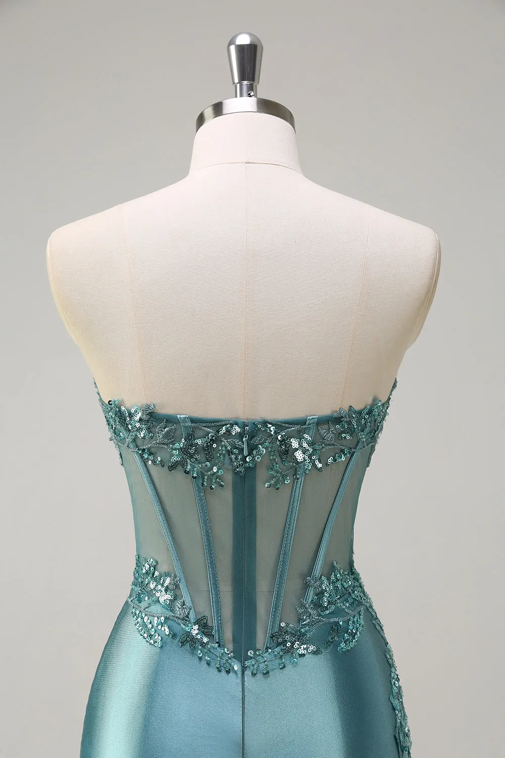 Sparkly Grey Green Mermaid Strapless Corset Appliques Satin Long Prom Dress with Slit sold by Zapaka product image thumbnail 5