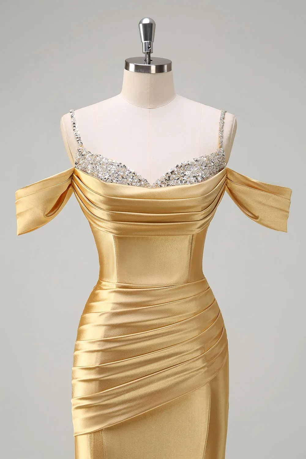Sparkly Golden Mermaid Cold Shoulder Sequined Ruched Satin Long Prom Dress sold by Zapaka product image thumbnail 4
