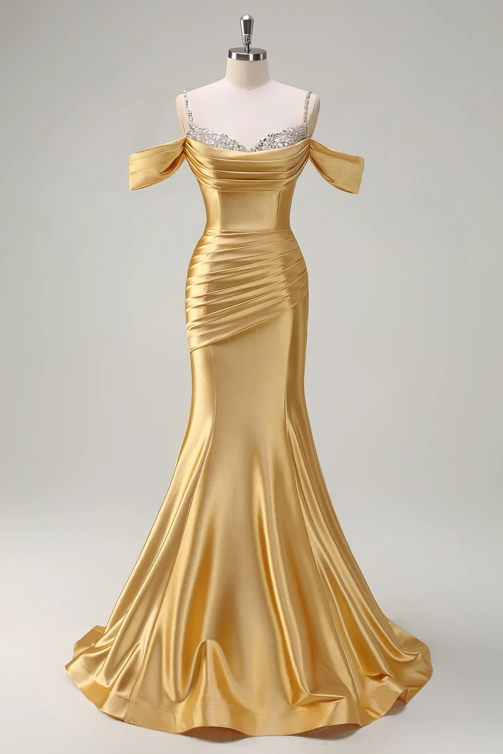 Sparkly Golden Mermaid Cold Shoulder Sequined Ruched Satin Long Prom Dress sold by Zapaka