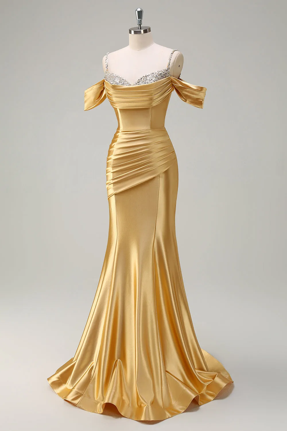 Sparkly Golden Mermaid Cold Shoulder Sequined Ruched Satin Long Prom Dress sold by Zapaka product image thumbnail 3