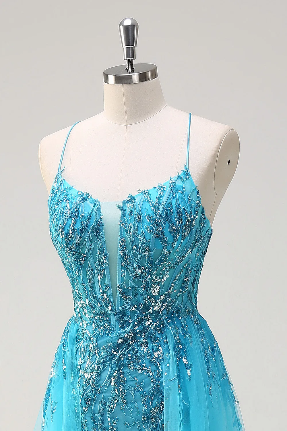Sparkly Blue Spaghetti Straps Sequin Long Prom Dress with Side Cape sold by Zapaka product image thumbnail 5