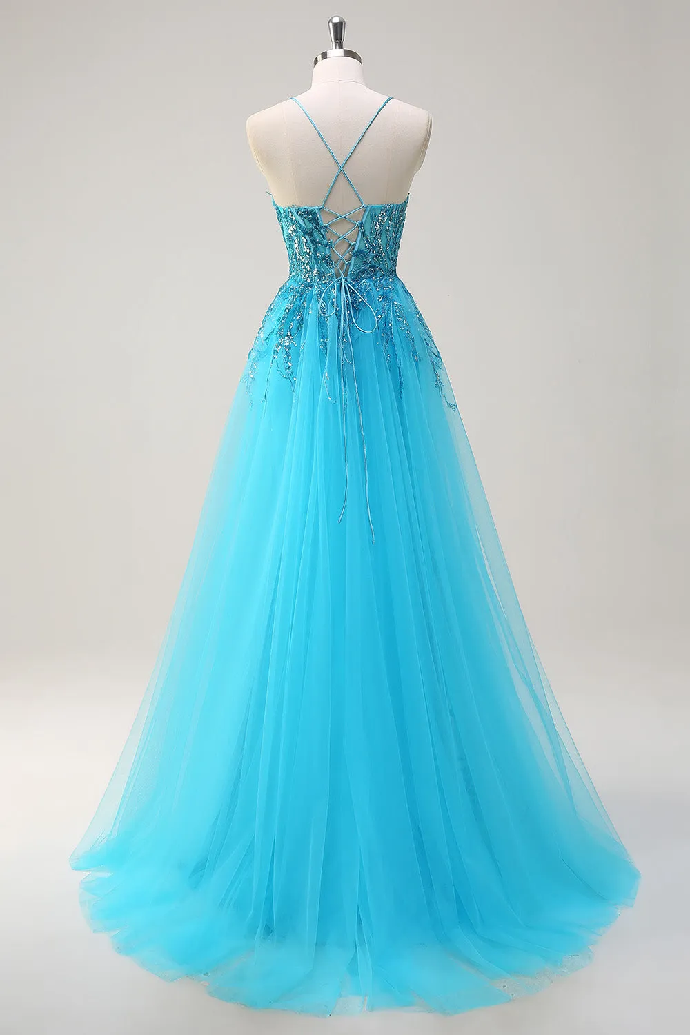 Sparkly Blue Spaghetti Straps Sequin Long Prom Dress with Side Cape sold by Zapaka product image thumbnail 2