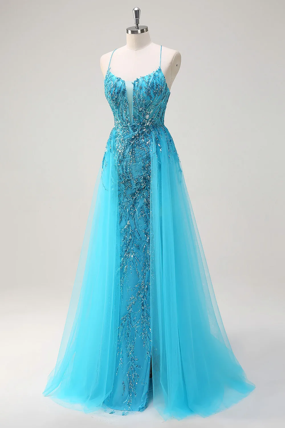 Sparkly Blue Spaghetti Straps Sequin Long Prom Dress with Side Cape sold by Zapaka product image thumbnail 3