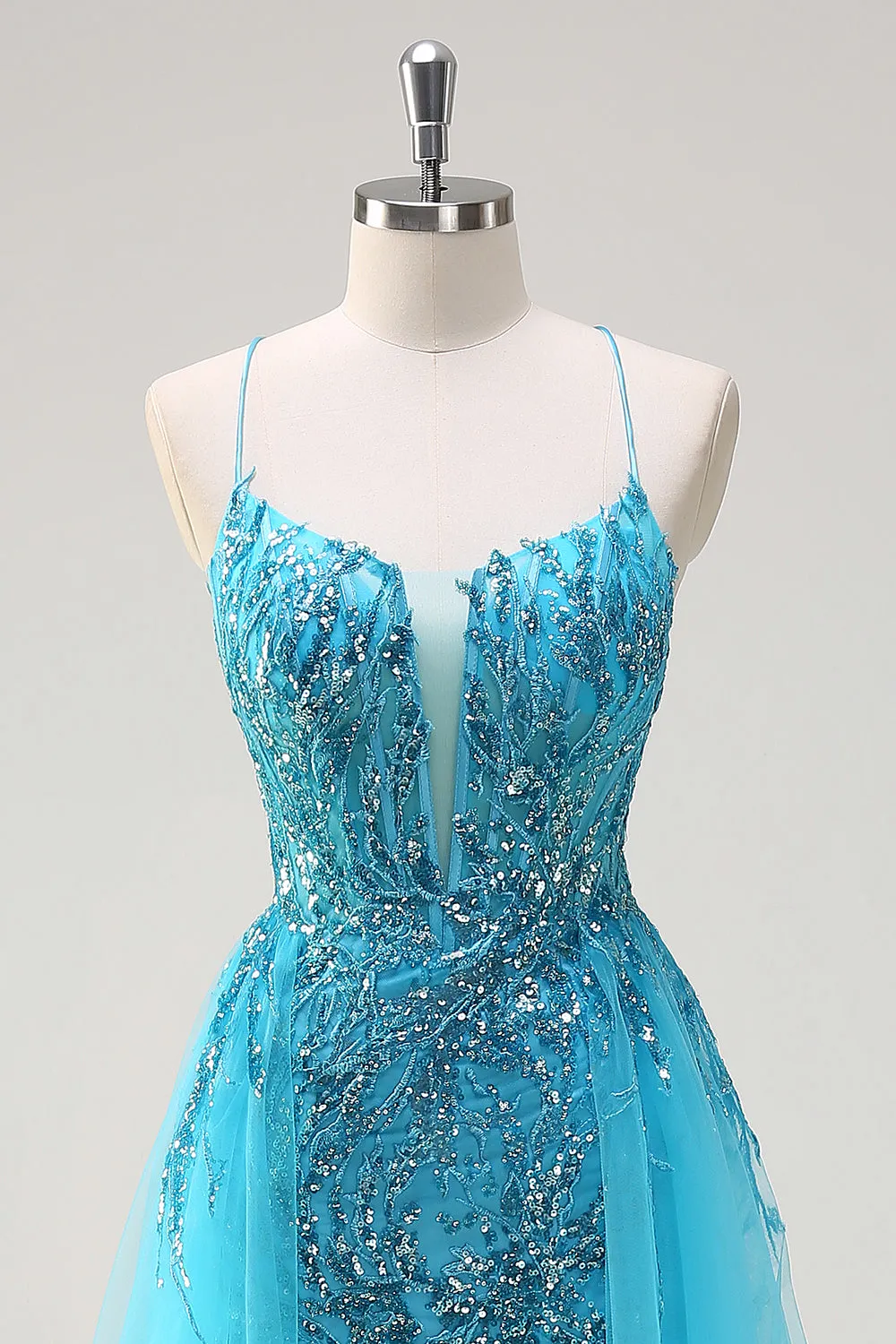 Sparkly Blue Spaghetti Straps Sequin Long Prom Dress with Side Cape sold by Zapaka product image thumbnail 4
