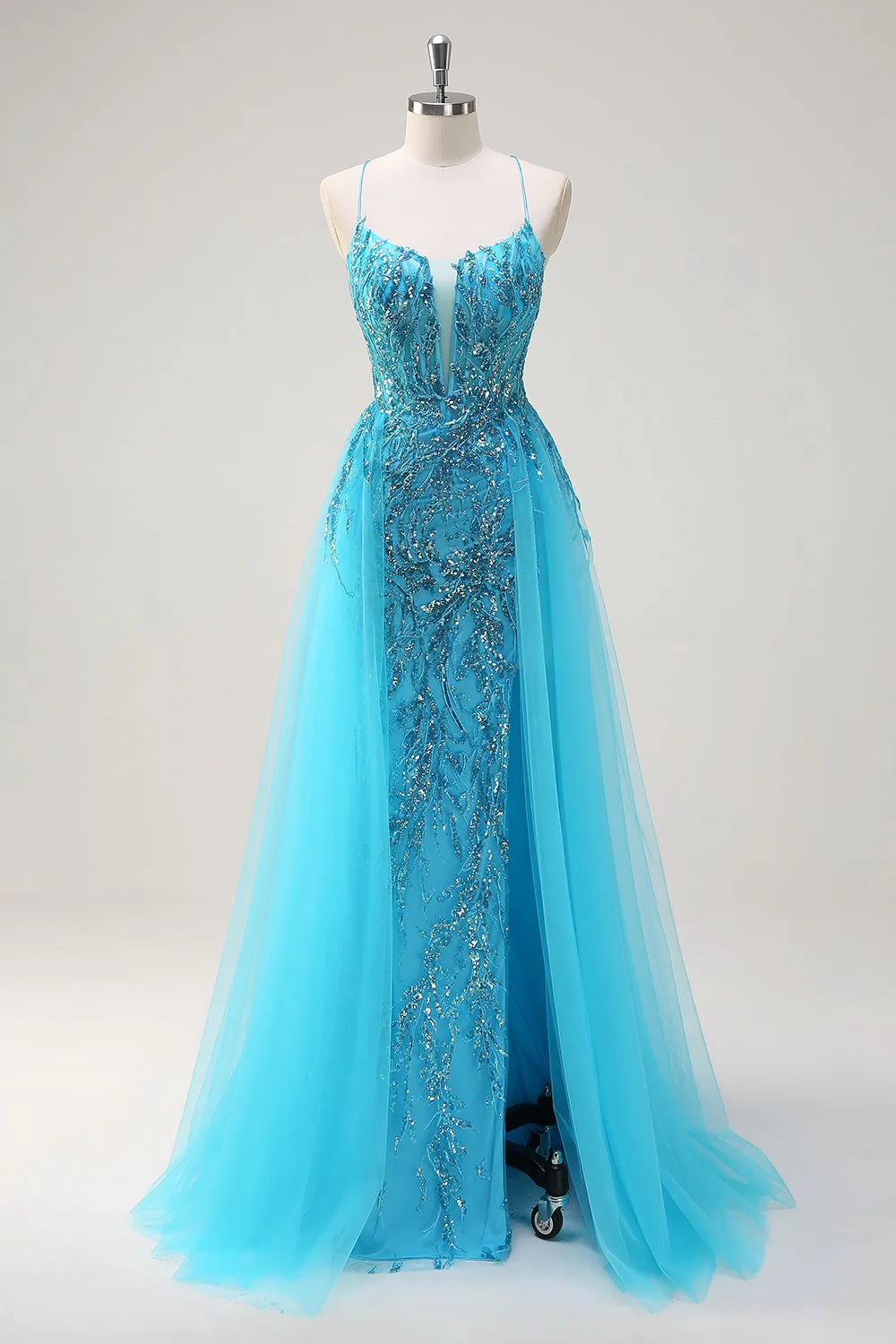 Sparkly Blue Spaghetti Straps Sequin Long Prom Dress with Side Cape sold by Zapaka