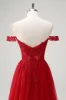 Red A-Line Off the Shoulder Tulle Long Corset Prom Dress with Slit sold by Zapaka